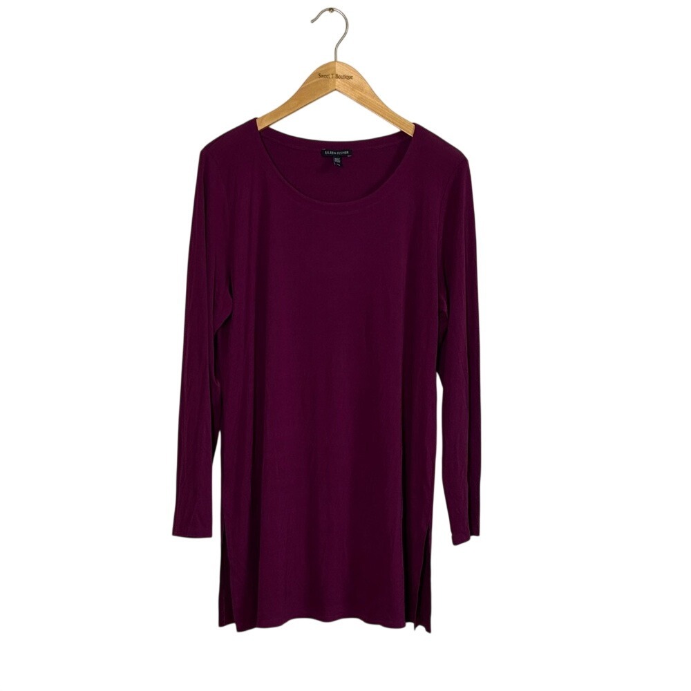 EILEEN FISHER Large Burgundy Silk Long Sleeve Side Slits Longline Lagenlook Top